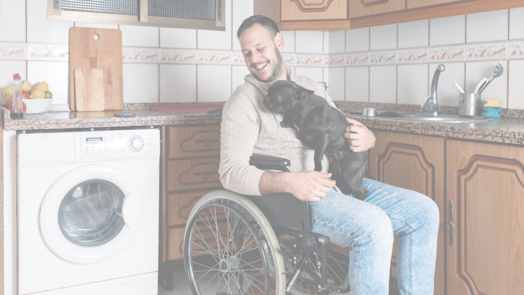 NDIS Plan Man in the kitchen sitting in a wheelchair, with a small french bulldog on his lap. He is looking away from the camera smiling.